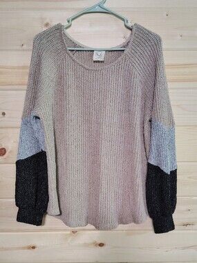 Fantastic Fawn Beige Waffle Knit Colorblock Crewneck Sweater M USA Neutral Basic